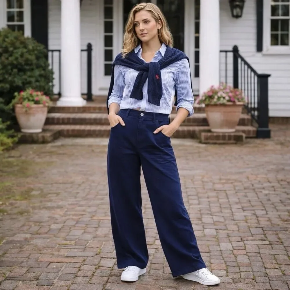 LAUREN RALPH LAUREN‎ New Women’s Pants 16W Navy 100% LINEN Trousers Wide Leg